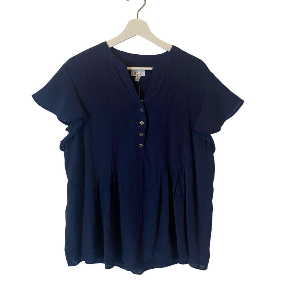NWT Kim Rogers Blouse Women's Size L Blue Short Sleeve Minimalist Casual